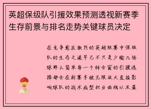 英超保级队引援效果预测透视新赛季生存前景与排名走势关键球员决定