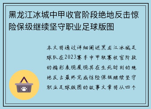 黑龙江冰城中甲收官阶段绝地反击惊险保级继续坚守职业足球版图